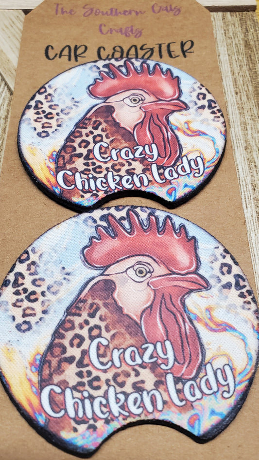 Crazy Chicken Lady Car Coasters