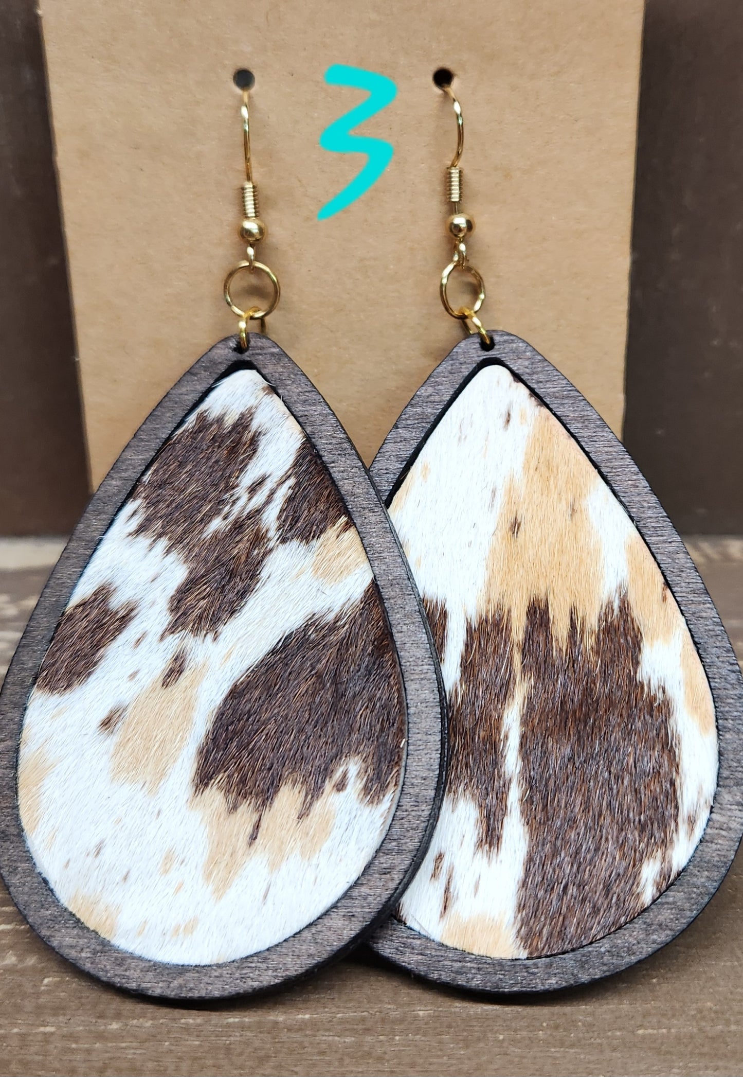 Wood Cowhide Teardrop Earrings