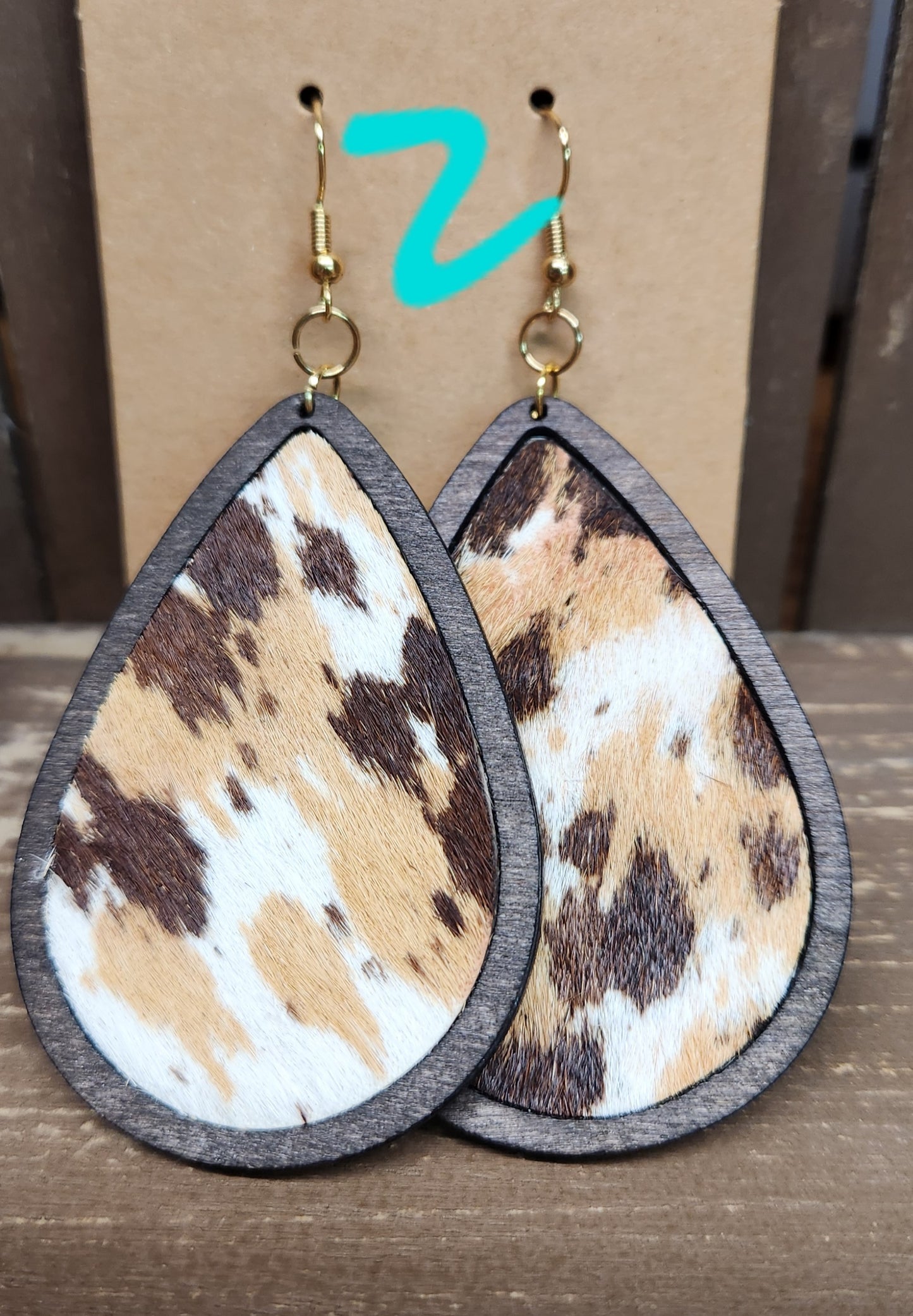 Wood Cowhide Teardrop Earrings