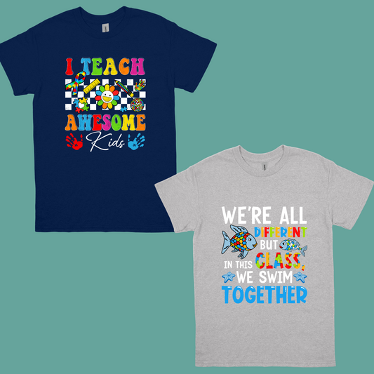 I TEACH AWESOME KIDS OR WE'RE ALL DIFFERENT BUT IN THIS CLASS WE SWIM TOGETHERADULT t-shirt