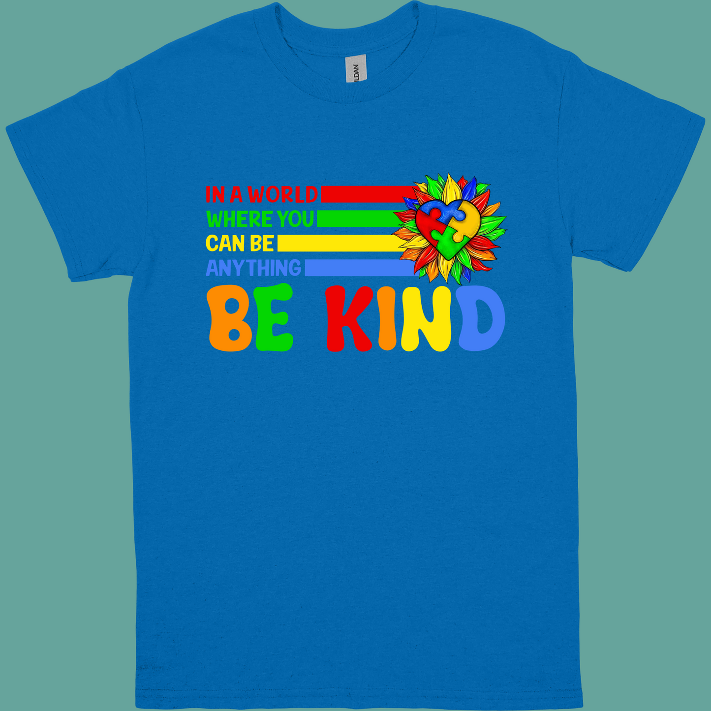 IN A WORLD WHERE YOU CAN BE ANYTHING BE KIND HEART SUNFLOWER ADULT/YOUTH TSHIRT