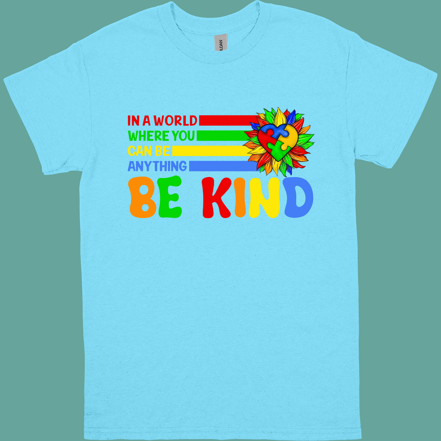 IN A WORLD WHERE YOU CAN BE ANYTHING BE KIND HEART SUNFLOWER ADULT/YOUTH TSHIRT