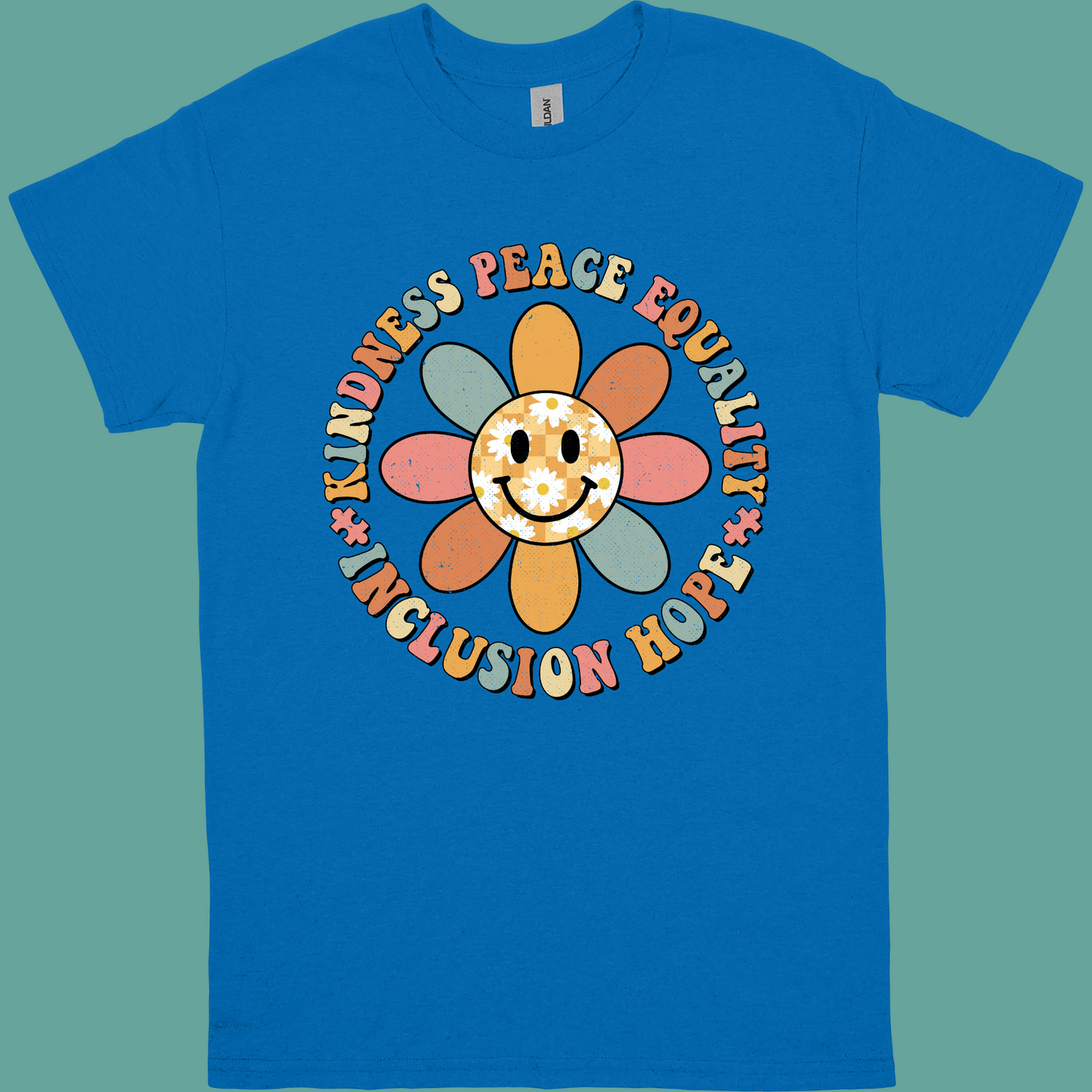 KINDNESS, PEACE, EQUALITY, INCLUSION, HOPE GROOVY FLOWER ADULT/YOUTH TSHIRT