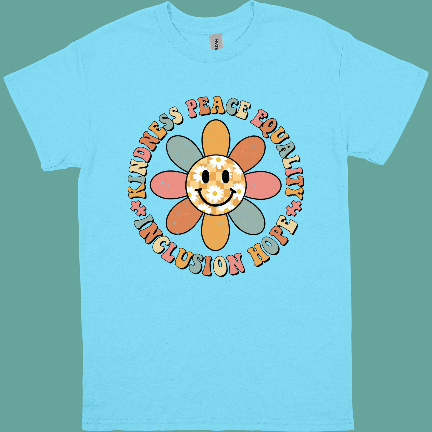 KINDNESS, PEACE, EQUALITY, INCLUSION, HOPE GROOVY FLOWER ADULT/YOUTH TSHIRT