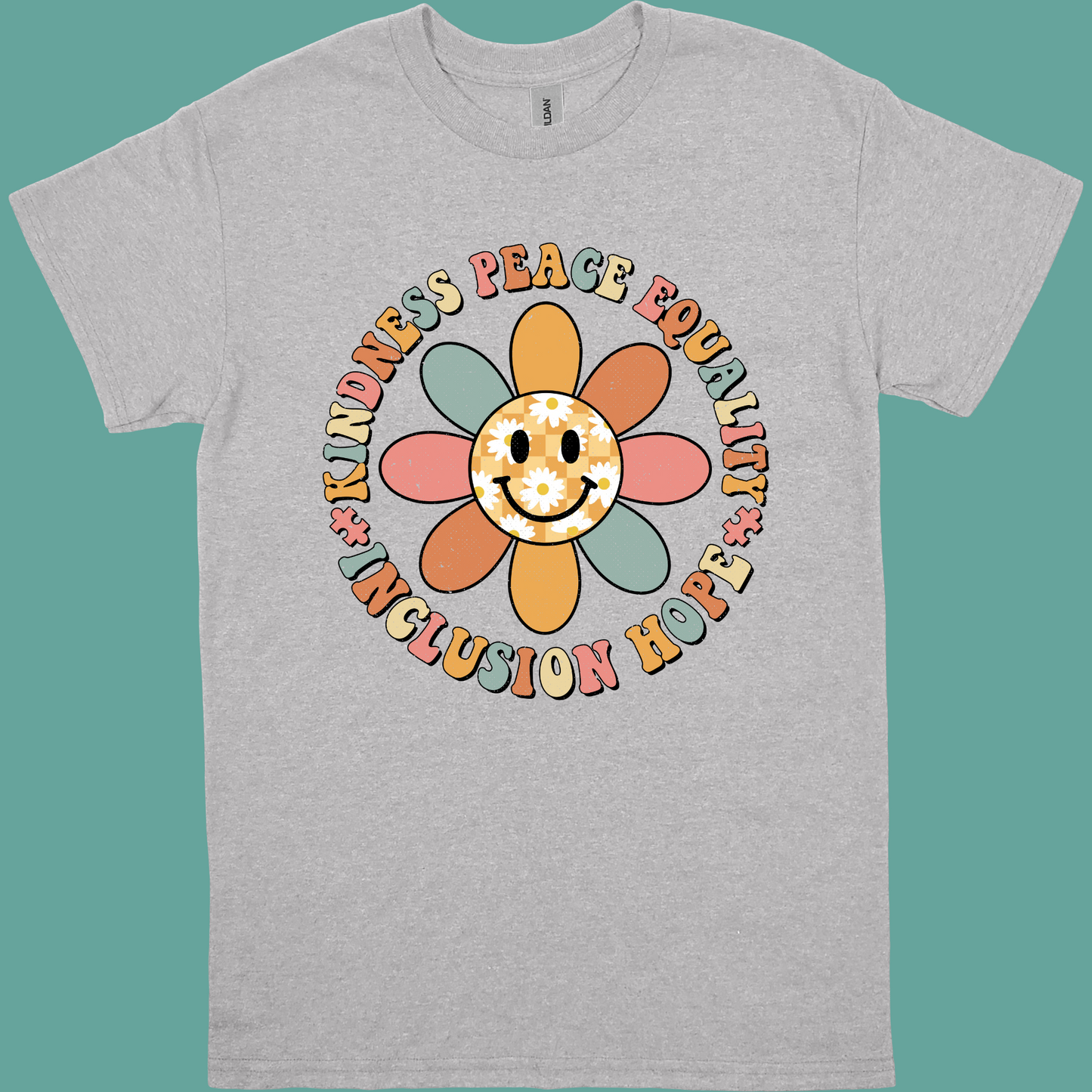 KINDNESS, PEACE, EQUALITY, INCLUSION, HOPE GROOVY FLOWER ADULT/YOUTH TSHIRT