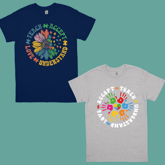 TEACH,ACCEPT, LOVE,UNDERSTAND SUNFLOWER OR HANDPRINTS ADULT TSHIRT