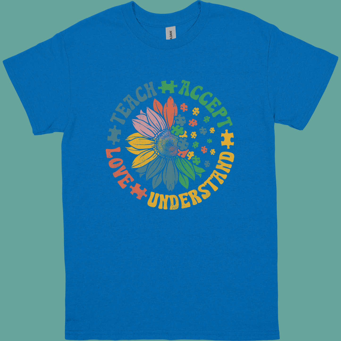 TEACH,ACCEPT, LOVE,UNDERSTAND SUNFLOWER OR HANDPRINTS ADULT TSHIRT