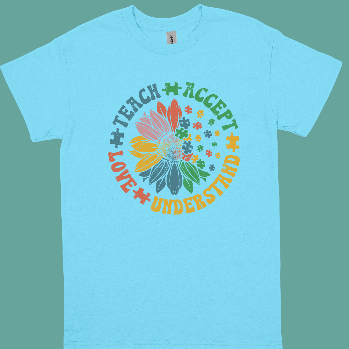 TEACH,ACCEPT, LOVE,UNDERSTAND SUNFLOWER OR HANDPRINTS ADULT TSHIRT