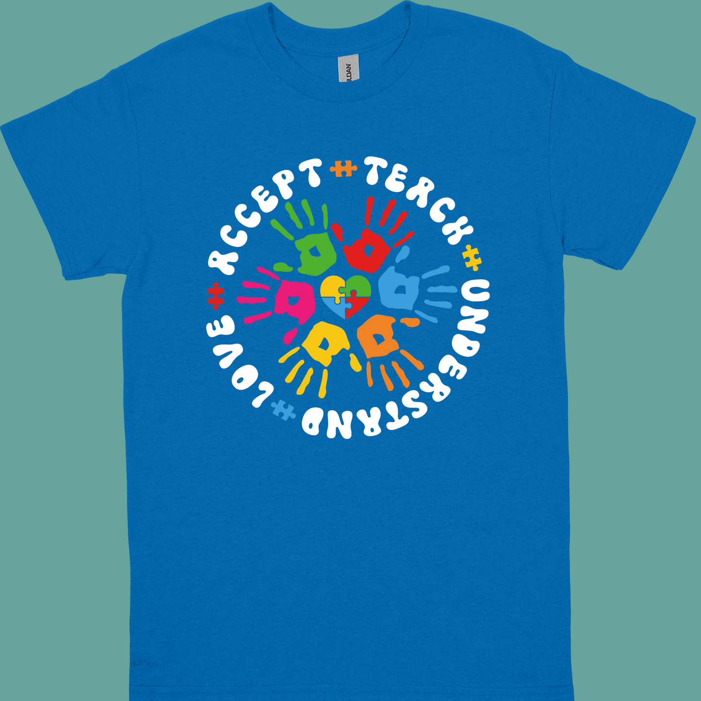 TEACH,ACCEPT, LOVE,UNDERSTAND SUNFLOWER OR HANDPRINTS ADULT TSHIRT