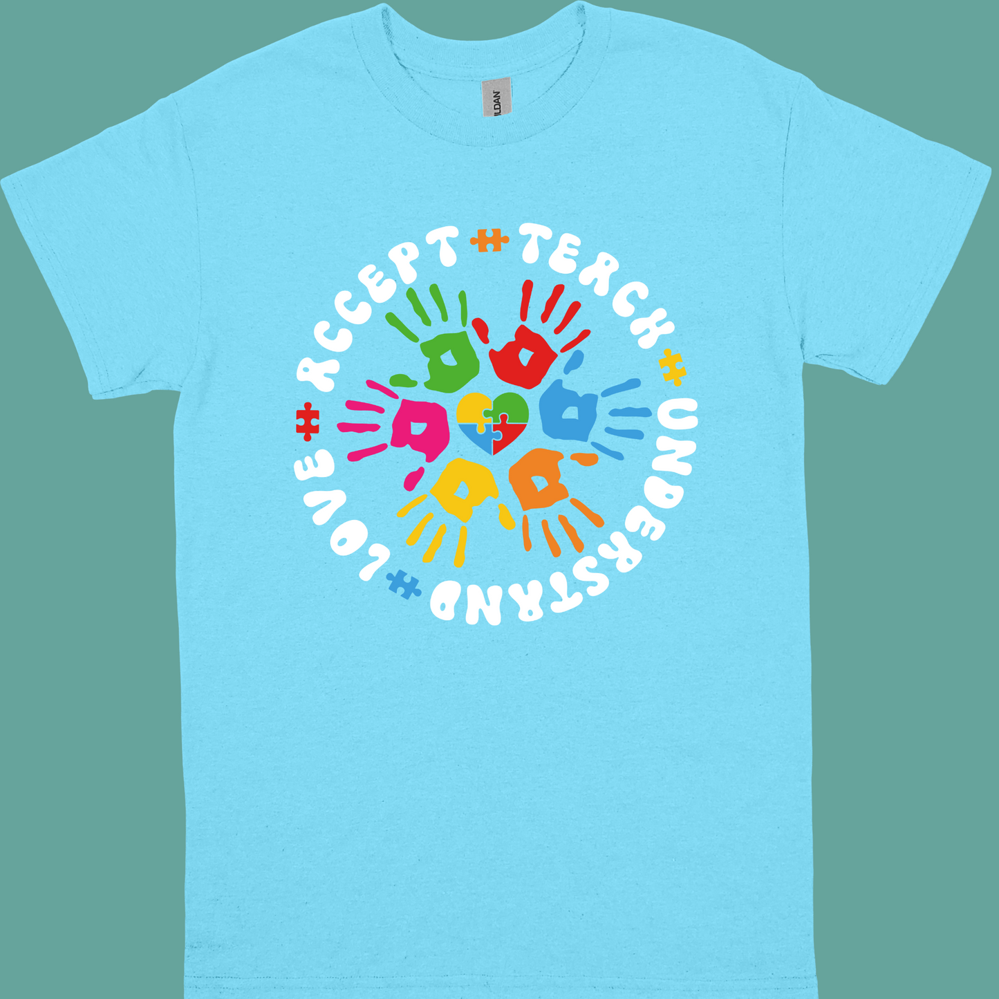 TEACH,ACCEPT, LOVE,UNDERSTAND SUNFLOWER OR HANDPRINTS ADULT TSHIRT