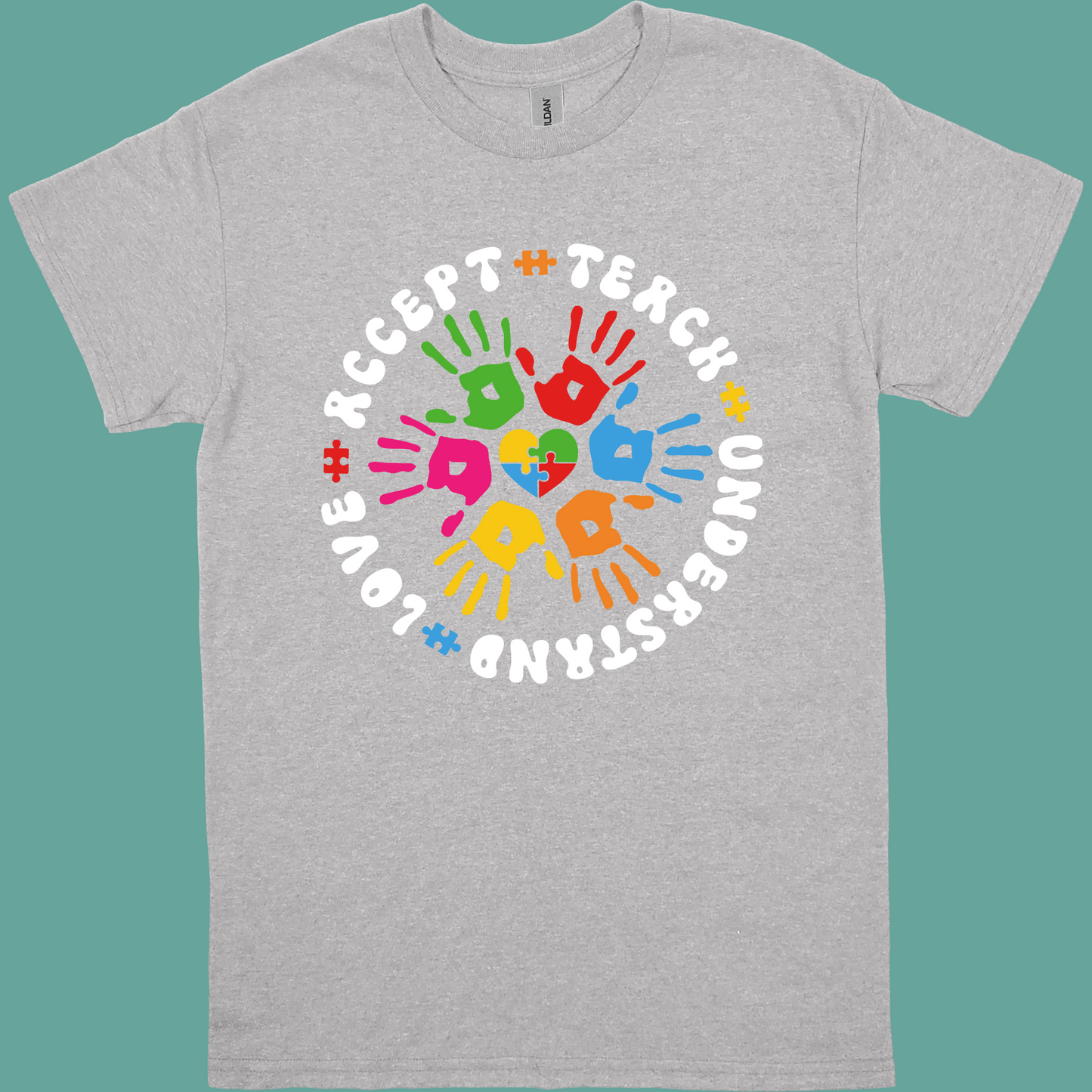 TEACH,ACCEPT, LOVE,UNDERSTAND SUNFLOWER OR HANDPRINTS ADULT TSHIRT