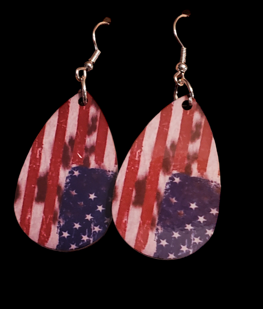 Distressed Cowhide Flag Teardrop Earrings