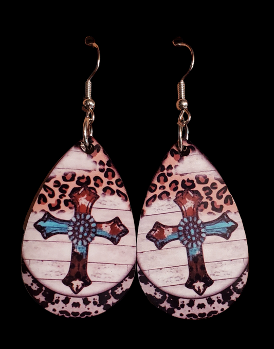 Leopard Cross Teal Teardrop Earrings