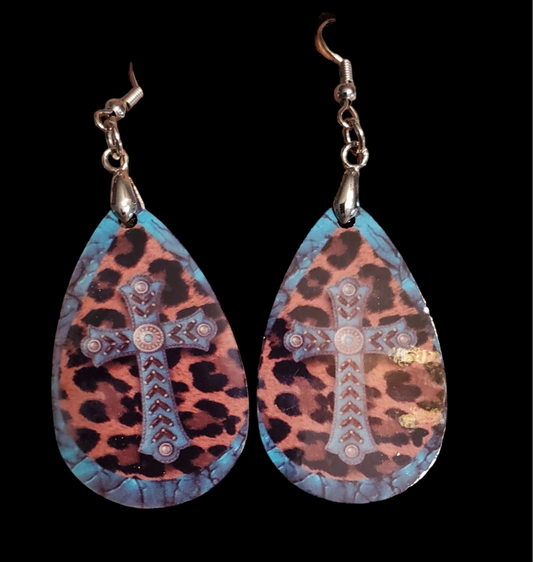 Leopard Cross Teal Leather Teardrop Earrings