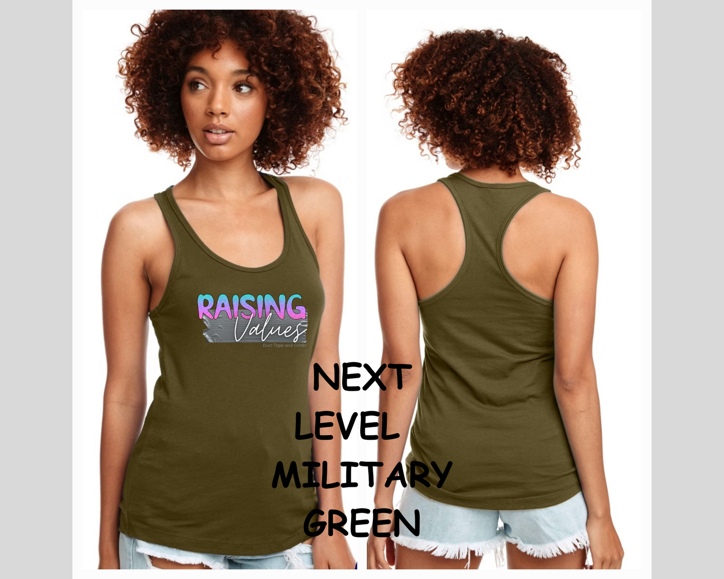 LADIES MOF/RAISING VALUES RACERBACK TANK TOP- DUCT TAPE AND GLITTER BLUE