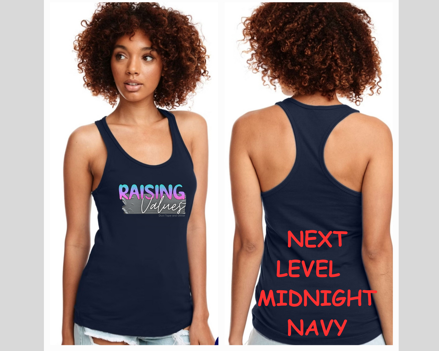 LADIES MOF/RAISING VALUES RACERBACK TANK TOP- DUCT TAPE AND GLITTER BLUE