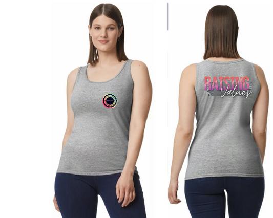 LADIES MOF/RAISING VALUES FITTED TANK TOP- DUCT TAPE AND GLITTER PINK