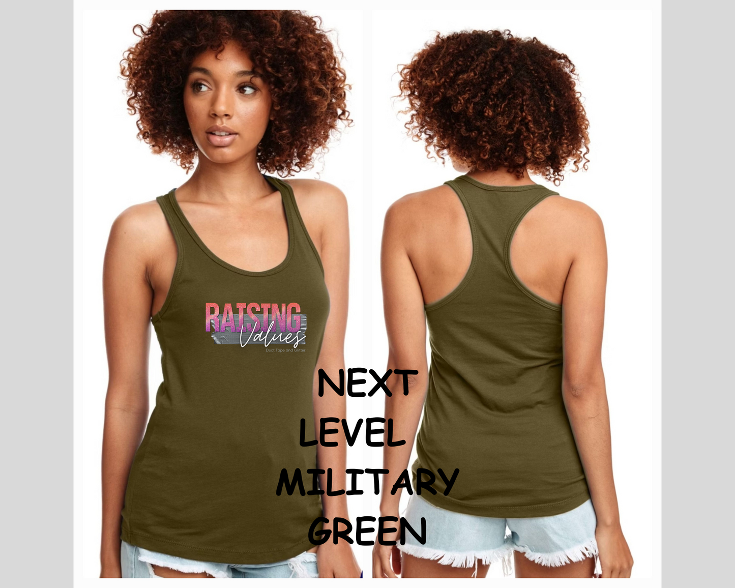 LADIES MOF/RAISING VALUES RACERBACK TANK TOP- DUCT TAPE AND GLITTER PINK