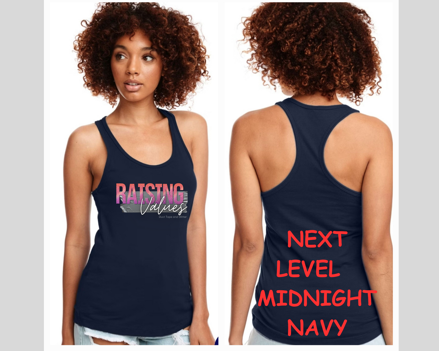 LADIES MOF/RAISING VALUES RACERBACK TANK TOP- DUCT TAPE AND GLITTER PINK