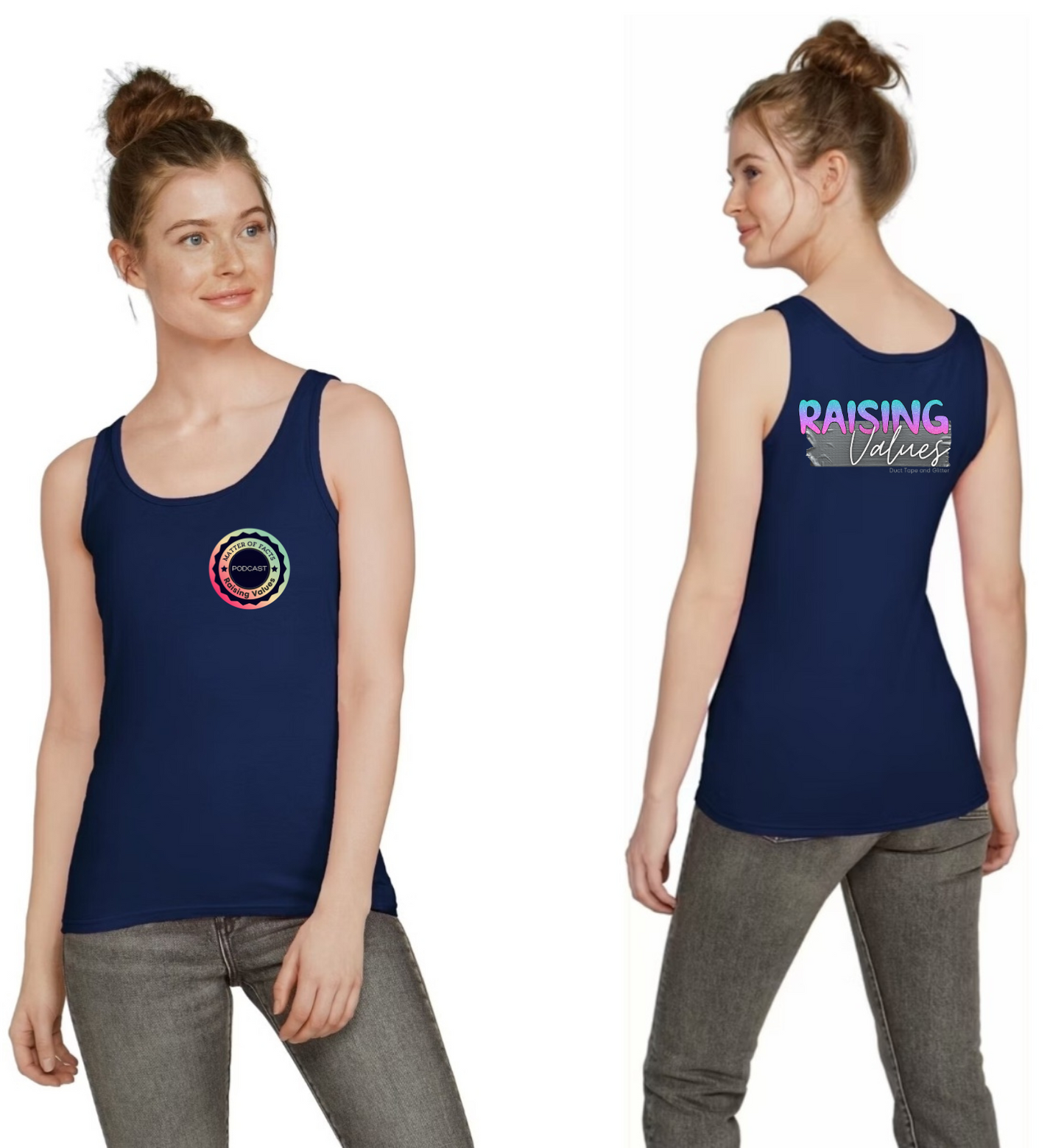 LADIES MOF/RAISING VALUES FITTED TANK TOP- DUCT TAPE AND GLITTER BLUE