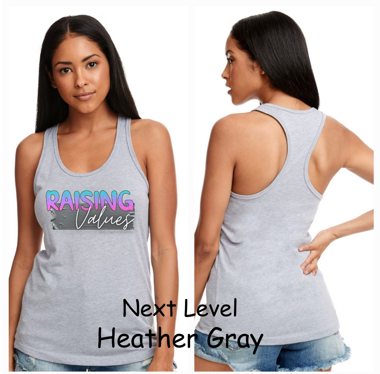 LADIES MOF/RAISING VALUES RACERBACK TANK TOP- DUCT TAPE AND GLITTER BLUE