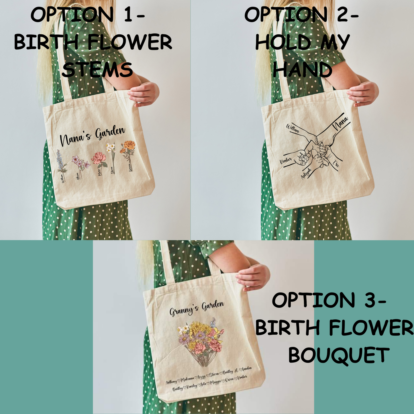 Birth Month Flowers (Mom's Garden) or Hold my Hand Tote Bag